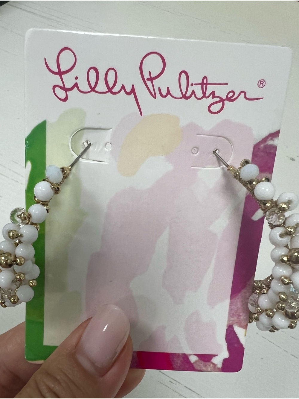 Lilly Pulitzer White Beaded Hoop Earrings with Gold Accents
